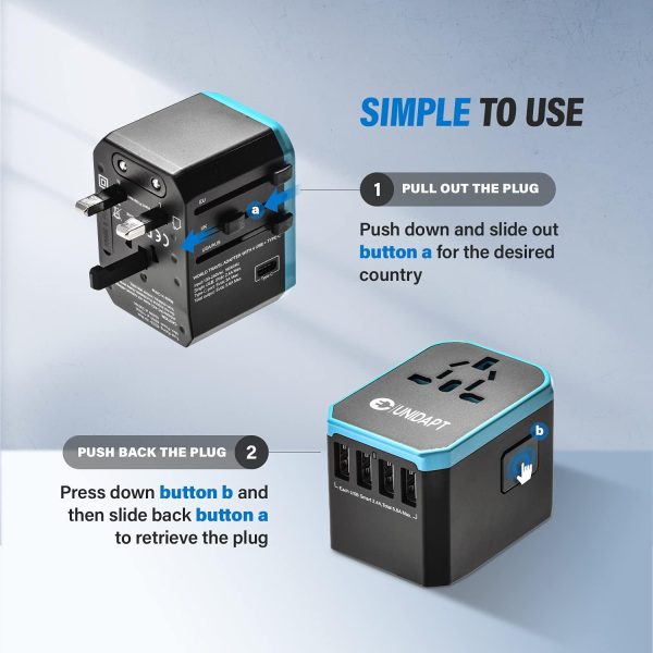 Unidapt Universal Travel Adapter One International Wall Charger AC Plug Adaptor with 5.6A Smart Power and 3.0A USB Type-C for USA EU UK AUS (UA-101, Blue) - Image 2