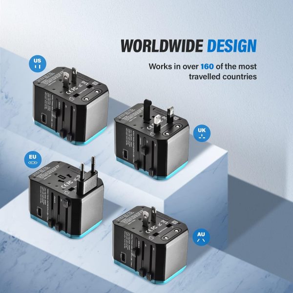 Unidapt Universal Travel Adapter One International Wall Charger AC Plug Adaptor with 5.6A Smart Power and 3.0A USB Type-C for USA EU UK AUS (UA-101, Blue) - Image 3