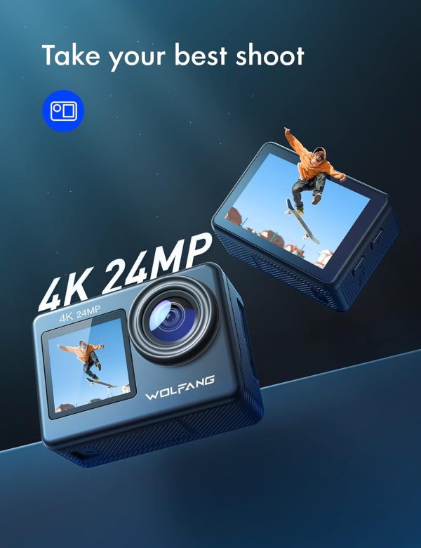 WOLFANG GA200 24MP 4K Action Camera 40M Waterproof Underwater Camera for Snorkeling, EIS WiFi Adjustable Wide Angle Dual Screen Camera for Vlog, Webcam(Charger, Remote Control and Helmet Accessories) - Image 2
